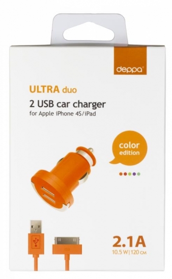 Deppa 2 USB 2,1А, дата-кабель с разъемом 30-pin для Apple,оранжевый