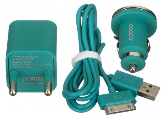 Deppa 2 USB 2,1А, дата-кабель с разъемом 30-pin для Apple ,бирюзовый