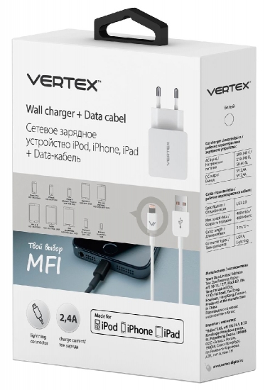 Vertex USB 1А, дата кабель разъем для iPhone 6/6Plus и iPhone5/5S/5C MFI, бел