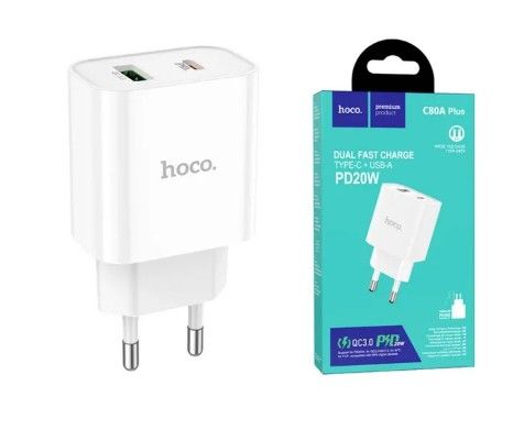 Hoco C80A Plus 1USB+PD 3.0A PD 20W, QC3.0, быстрая зарядка Type-C для Type-C
