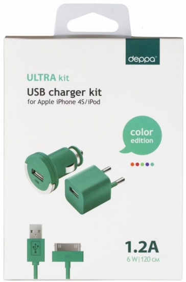 Deppa 2 USB 2,1А, дата-кабель с разъемом 30-pin для Apple ,бирюзовый
