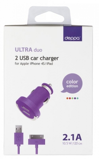 Deppa 2 USB 2,1А,дата-кабель с разъемом 30-pin для Apple ,фиолетовый