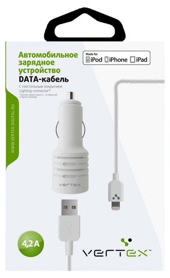 Vertex АЗУ 2USB, 4,2А, разъем для iPhone 6/6Plus, iPhone5/5S/5C, iPad, iPad mini, MFI, текстильный дата кабель 2,1А, бел