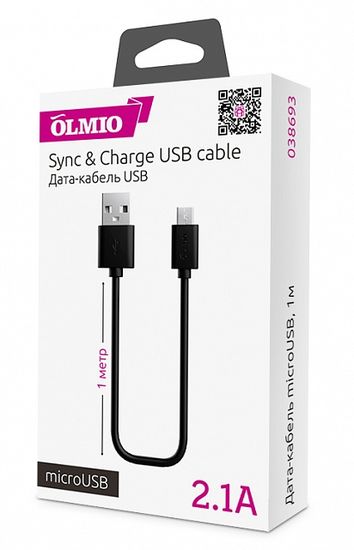 Olmio Кабель USB 2.0 - microUSB 1м 2.1A