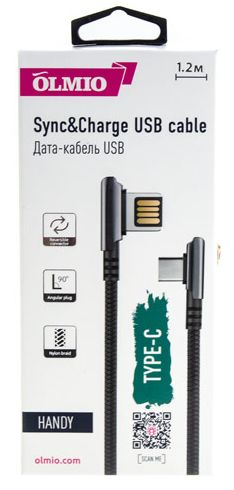 Olmio Кабель HANDY, USB 2.0 - Type-C, 1.2м, 2.1A (угловой, двухсторонний)