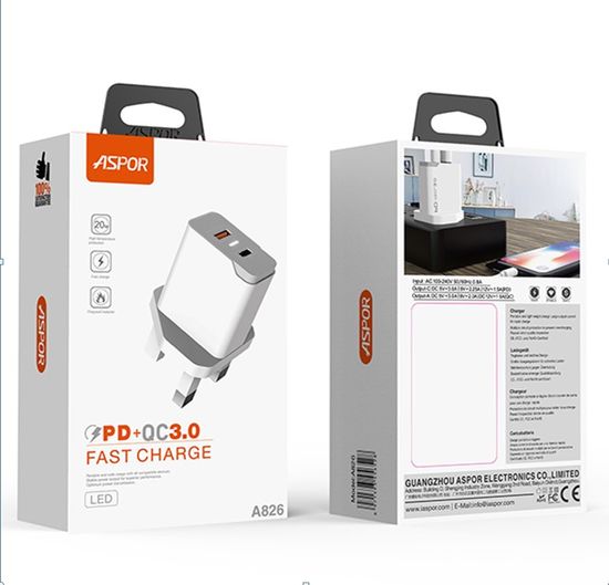 ASPOR A826 2USB, 3.0A, PD 20W & QC3.0 (быстрая зарядка) Type-C для Type-C