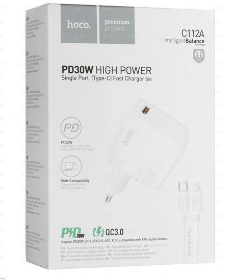 Hoco C112A 1USB для Lightning, PD 30W & QC3.0 быстрая зарядка, (белый)