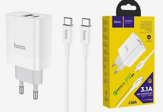 Hoco C80A 1USB+PD 3.0A PD 20W, QC3.0, быстрая зарядка Type-C - Type-C