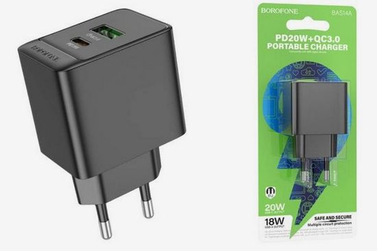 Borofone BAS14A 1USB+PD, 20W, QC3.0 (быстрая зарядка)