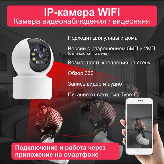 multibrand IPCAM-2MP видеонаблюдение- видеоняня, 360 градусов / MicroSD/WI-FI,Датчик движения/ ночная съемка