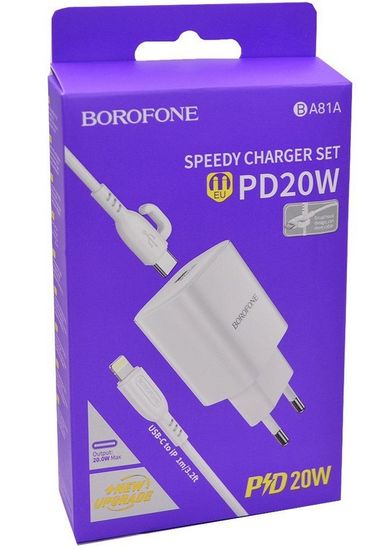 Borofone BA81A 1USB для Lightning 3.0A PD 20W & QC3.0 быстрая зарядка, (белый)