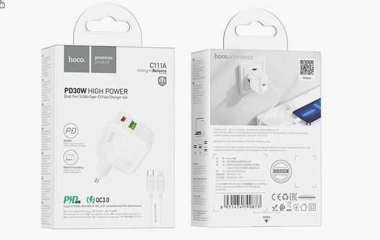 Hoco C111A 1USB+PD 3.0A PD 30W, QC3.0, быстрая зарядка