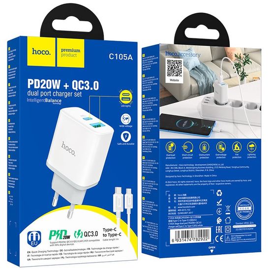 Hoco C105A 1USB+PD 3.0A PD 20W, QC3.0, быстрая зарядка Type-C для Type-C