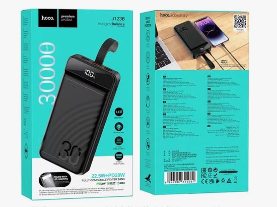 Hoco J123B 30000mAh LCD 3USB, PD 22.5W+QC3.0 быстрая зарядка (черный)