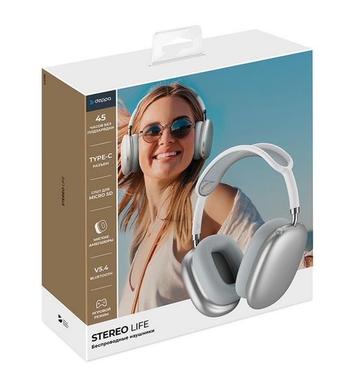 Deppa Stereo Life BT5.4/10meters, 350mAh TWS (серебристый) 44305