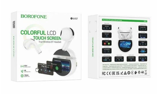 Borofone BW87 с дисплеем (белый), BT 5.4,шумопод. нет, емк. акб mAh(науш/кейс) ~40 / 300, Type-C, IPX5, кодек SBC, кол. микр 2