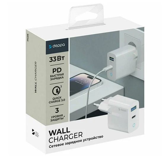 Deppa 1USB + PD GAN (33W, QC 3.0 быстрая зарядка) (белый) 11475